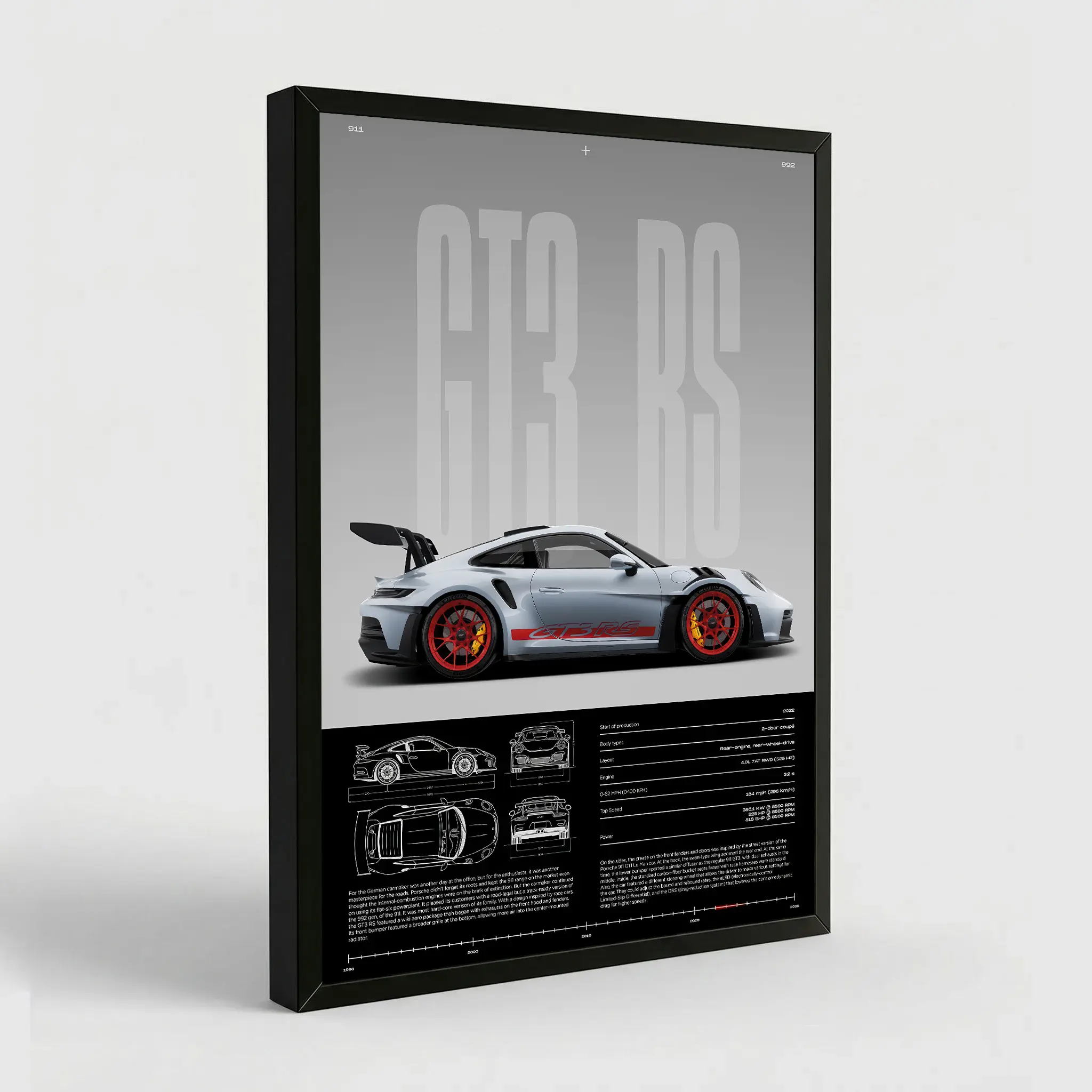 NBHYK Porsche 911 GT3 RS Poster 992 Physical Print Hyper Car Artistic Decor for Bedroom Dorm Man Cave Modern Abstract Design Bathroom Wall Art