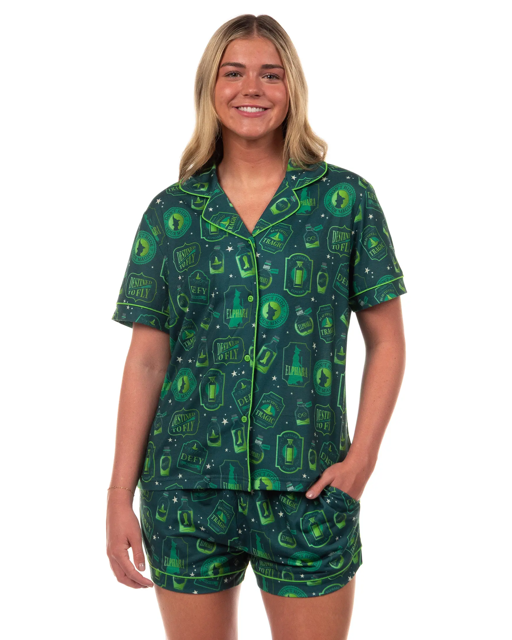 Wicked Pajamas Women's Elphaba Thropp Defy Destined To Fly Notch Collar Top and Short 2 Piece Loungewear