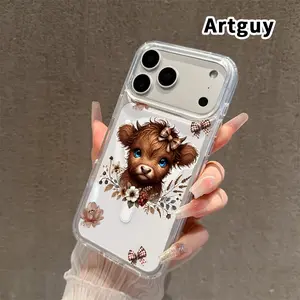 Transparent Magnetic Phone Case for iPhone 16 Pro Max Plus 15 14 13 12 11 E Cute Cow Baby  Pattern Acrylic Back Soft Edge Anti-Slip Hard Shell