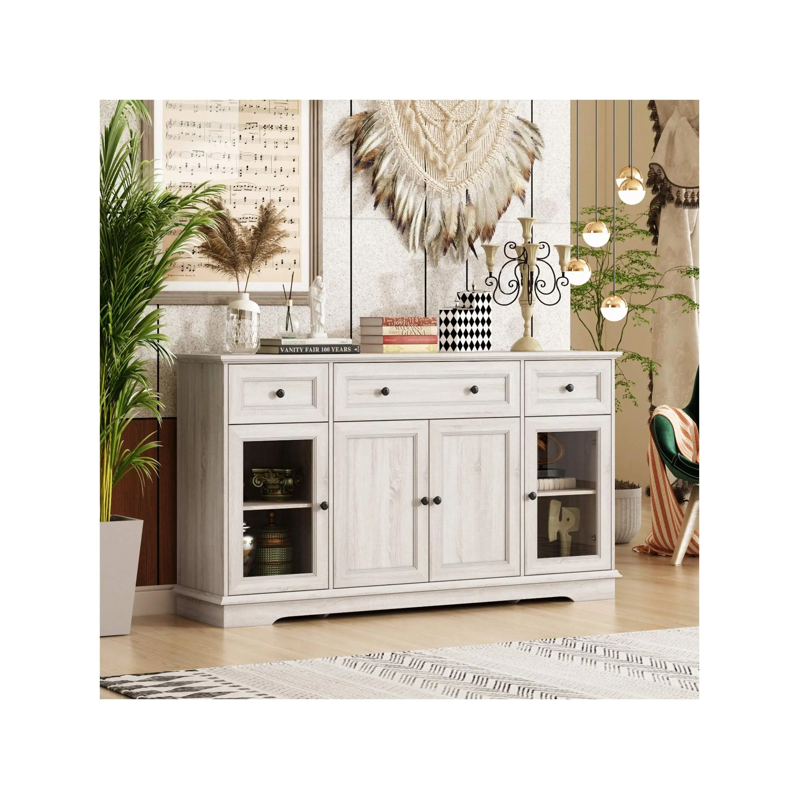Retro Credenza Buffet Sideboard Storage Cabinet with Glass Doors, Drawers & Shelves, Kitchen Wood Cupboard Console Cabinet for Living Room, Grey