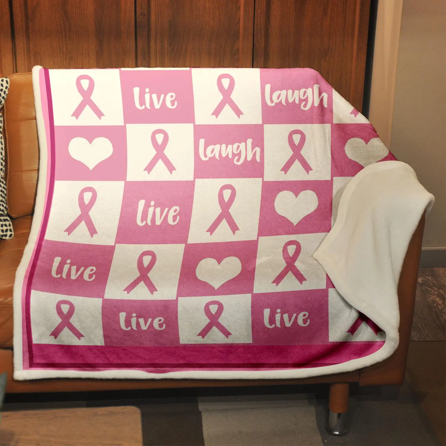 Breast Cancer Awareness Cubic Knitted Blanket, Soft Throw Blanket with Red Ribbon Checkered Pattern, Warm Napping Blanket for Home Office Sofa