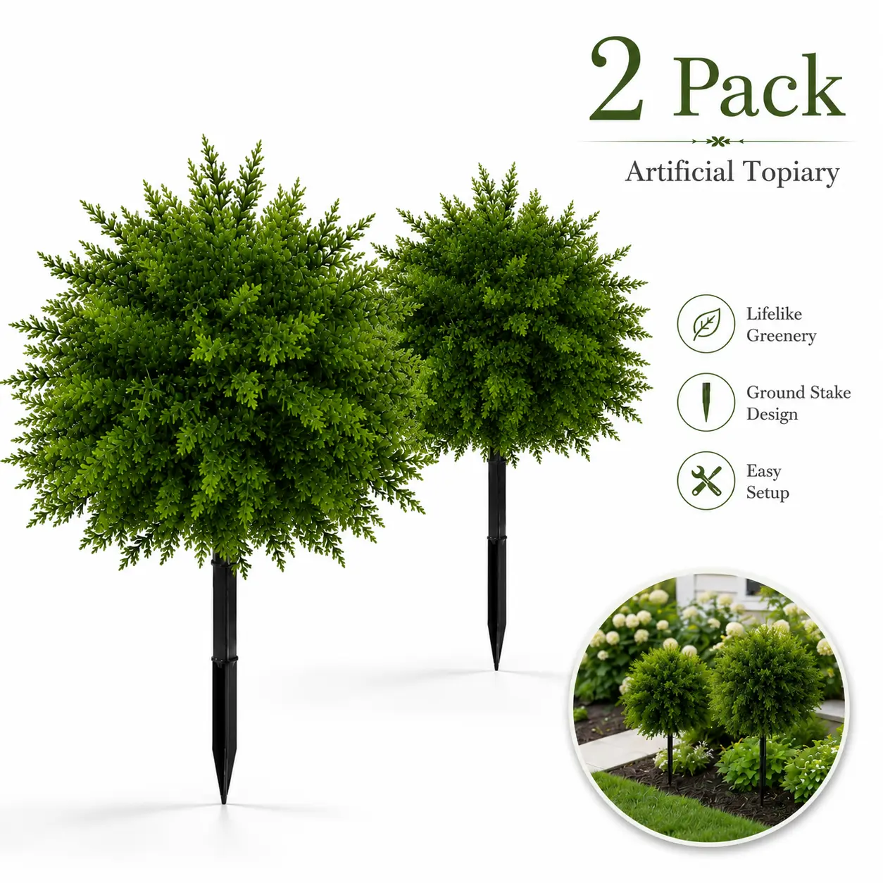 2-Pack Ball Shape Artificial Flower Topiary Set with Ground Stakes, UV-Resistant Faux Greenery Outdoor Decor for Patio, Garden Landscaping, Botanical Aesthetic Home Accents, Two Piece Set