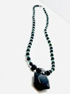 22.5" Blue Goldstone Hexagon Necklace Adorned With 4mm Geometric Kyanite Beads