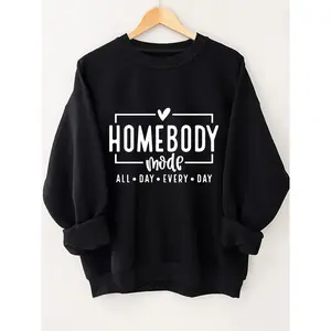 Cozy Homebody Print Pullover Sweatshirt - Fashion Sweatshirts for Women - Soft Casual Long Sleeve Crew Neck Design with Relaxed Fit for Everyday Wear