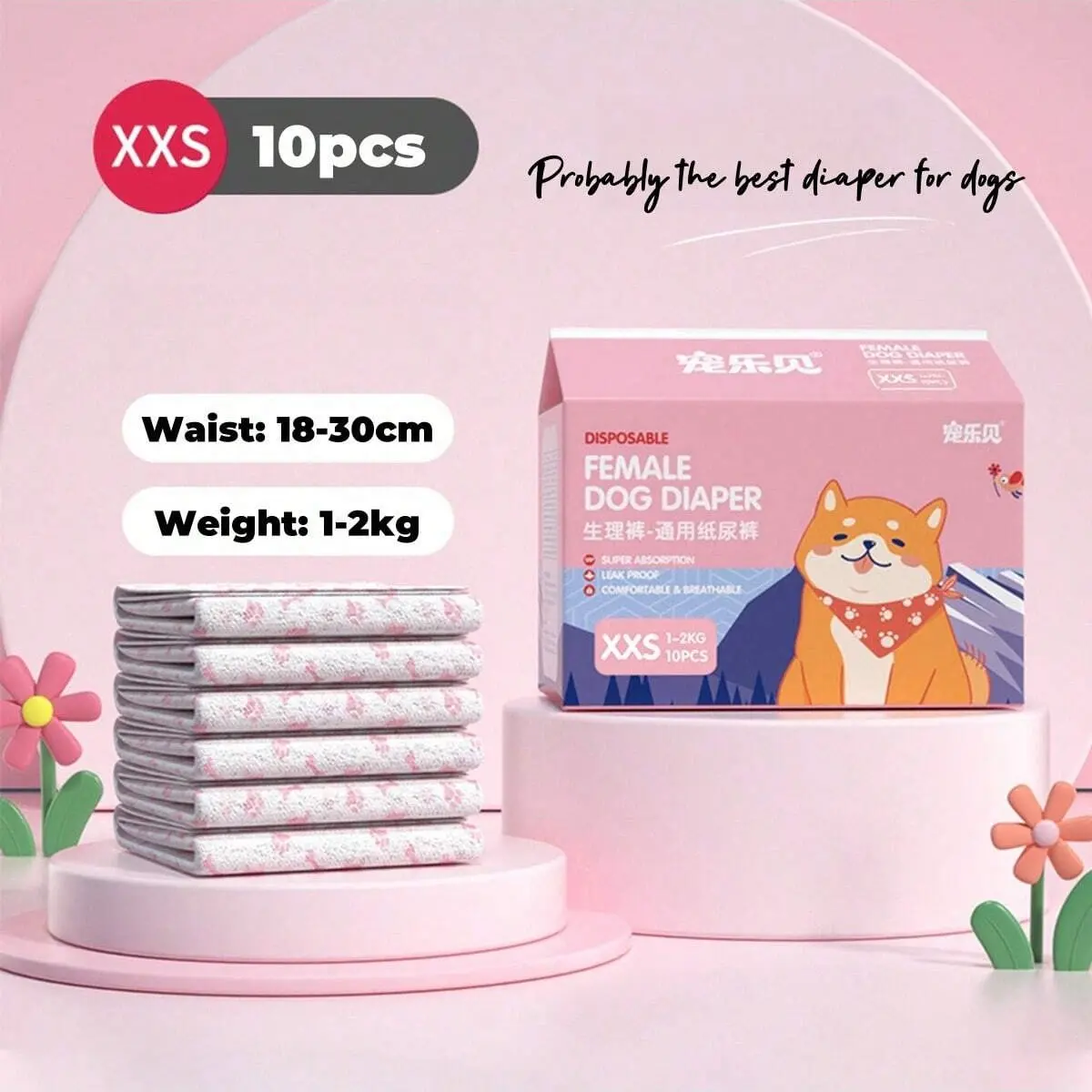 10Pcs Disposable Dog Diapers for Female Dogs, Super Absorbent, Leak Proof, For Small to Large Dogs upto 55lbs