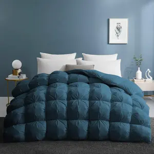 Pleat Goose Feather Down Comforter -20% Fill, 90oz, All Season Duvet Insert with 100% Cotton Cover, Cloud-Like Fluffiness (Navy, Queen/Full,90"X90")