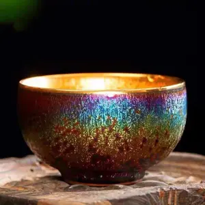 Handmade Colored Luminous High-Grade Seven-Color Peacock Gilded Glass Cup with Gold Oil Drop 24K Special Live Streaming Master Tea Cup Large Tea Bowl