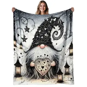 1pc, Gnome with Heart, Flannel Blanket, Soft, Warm, Nordic Style Print Pattern, Suitable for Sofa, Bed, Living Room, AllSeason Use, Halloween | Christmas | Room Decor | Fall Decorations for Home, Warm Haven Textiles
