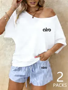 2 Piece Set Women's Casual Loose One Shoulder Top with Striped Cool Shorts, Stylish Summer Womenswear Outfits for Outdoor and Events