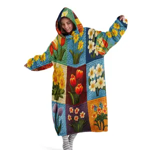Hoodie blanket, wearable blanket, retro patchwork checkered flower print hooded wearable blanket, digital printed flannel blanket, soft and warm blanket suitable for sofa cover, air conditioning blanket, nap blanket, Cozy hooded blanket