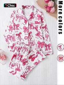 two-piece set women's bow print button front pocket shirt & elastic waist pants pajama, casual comfy long sleeve lapel neck top & trousers pj set, ladies sleepwear for spring & fall, longsleeves womenswear, soft sleepwear loungewear