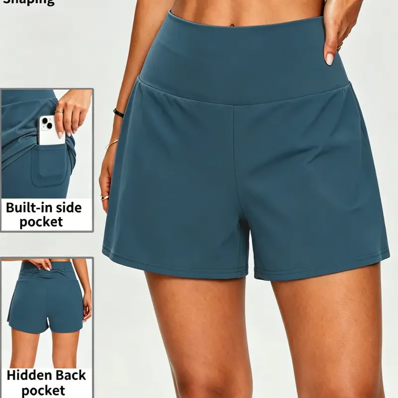 K1139-(4) High-Waisted Sporty Shorts, Nylon Material, Pockets, Yoga & Fitness, Daily Wear, Loose-Fitting, Universal Sports Type, Elastic Sporty Shorts, Shorts For Yoga