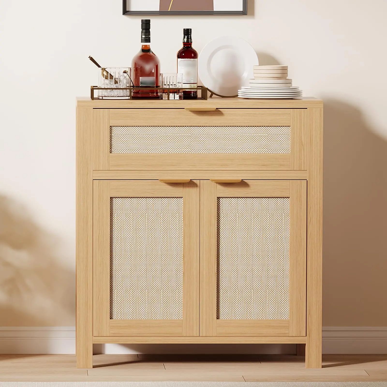 34" Natural Oak Wood Farmhouse-Modern Rattan Buffet Cabinet - Indoor Wooden Credenza with Adjustable Shelves, Drawer, 55 lbs Capacity, 133 lbs Load, Gold Handles, Customizable Storage, Assembly Required for Entryway, Living Room, Sturdy