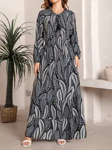Lune Bohemian Floral Print Lantern Sleeve Dress, Fashionable Loose Long Holiday Wear, Casual & Relaxing Style, Women's Trendy Robe