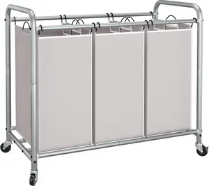 3 Section Laundry Sorter, 35.6 Gal (135 L) Laundry Hamper Cart with Duty Rolling Lockable Wheels and Removable Bags, Clothes Organizer Basket Clothes Separator Hamper, Gray