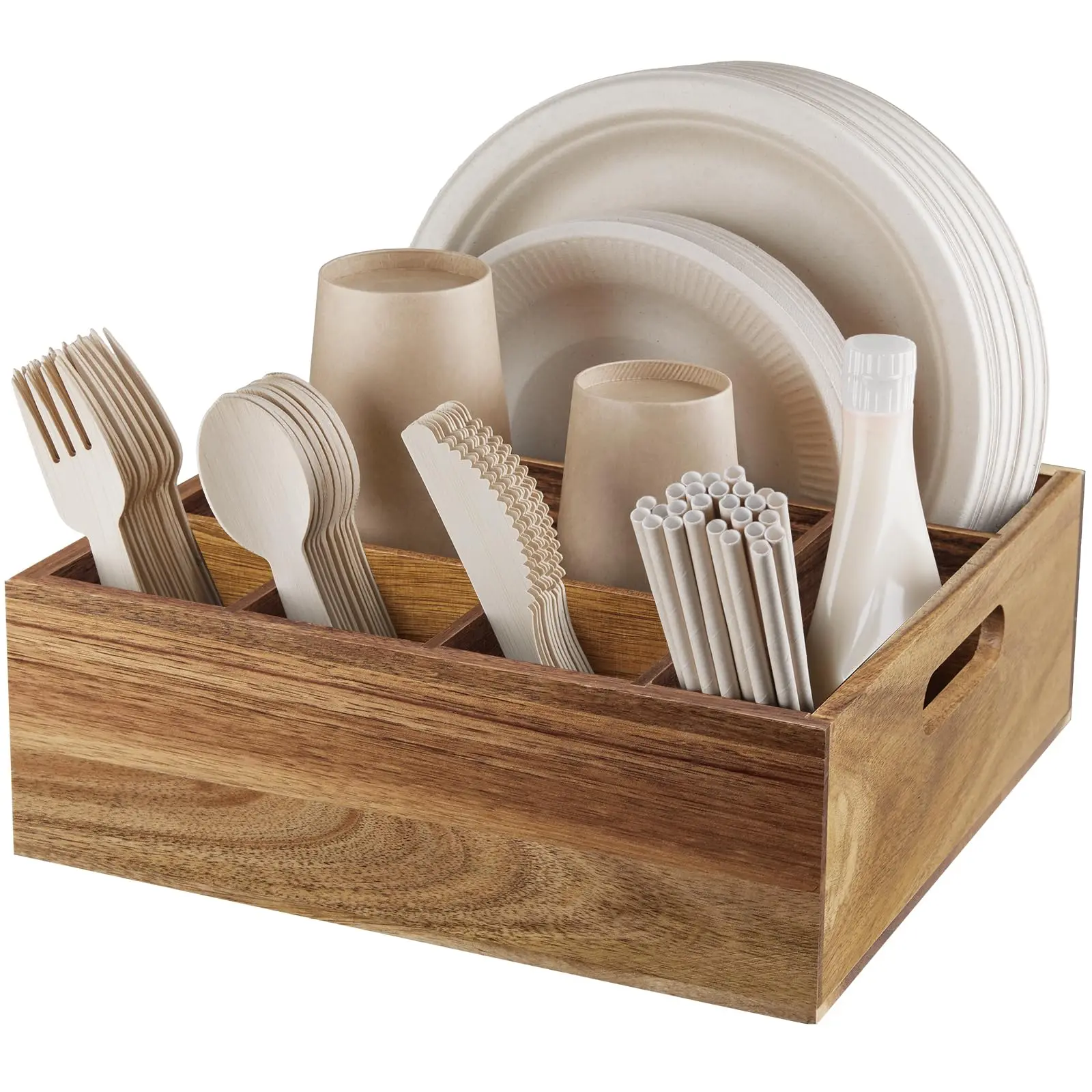 Wood Utensil Holder 6 Compartments Countertop Paper Plate Organizer Silverware Cutlery Caddy Storage For Kitchen Camping Buffet Party Picnic