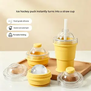 2-In-1 Foldable Silicone Ice Ball Maker, Portable Ice Mold Cup with Reusable Straw and Leak-Proof Lid, BPA-Free Slow Melt Ice Cube Mold