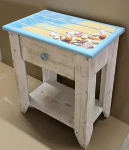 Solid Wood Coastal End Table with Drawer, Beach Table, Beach Scene Table Top, Ocean Décor