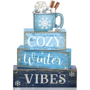 4 Pcs Christmas Table Decoration Wooden Hot Cocoa Decor Winter Tiered Tray Decor Christmas Centerpiece Rustic Decorative Hot Cocoa Block Sign Farmhouse Winter Decoration for Home Kitchen