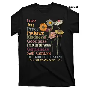 's Christian Fruit of the Spirit T-Shirt - Galatians 5:22-23 Verse, Color-Coded Virtues (Love, Joy, Peace, Patience, Kindness, Goodness, Faithfulness, Gentleness, Self-Control) with Daisy Cross Design - Casual Church Wear & Faith