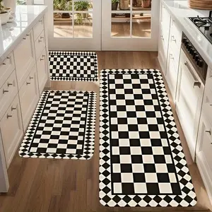 Set of 3 Black And White Checkered Fannel Mats for The Kitchen, Featuring a Non-Slip Design for Comfort. kitchen carpet