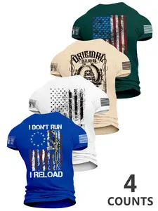 Men's Summer Flag Print Casual Short Sleeve Shirts, Patriotic Symbols & Personal Slogans, Fitted Round Neck, 4 Pack, Daily Wear