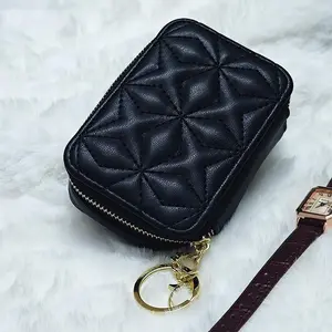 Genuine Leather Fashion Headphone Bag Quilted New Portable Lipstick Bag Mini Makeup Bag Lipstick Coin Purse Small Makeup Bag Makeup Pouch Lipstick Case Outdoor Cosmetic Storage Box Wallet with Mirror for Women