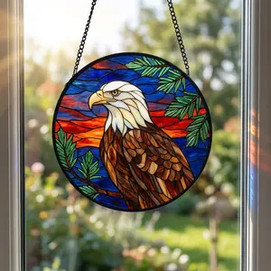 American bald eagle stained glass window ornament - Rustic log cabin style window decoration - Gift for eagle lovers.