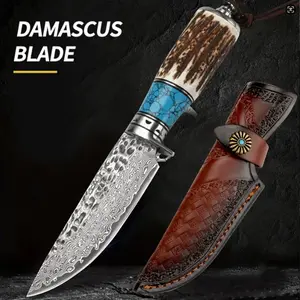 1Pcs Blue Turquoise Antlers Damascus Steel Knife Fine Knife Outdoor Knife Kitchen Outdoor Camping Style Multi-Purpose Knife Inheritance Century-Old Forging Technology Comfortable Palm Control Easy to Carry Men's Gift