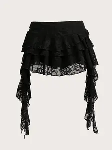 Low Waist Lace Wave Hem Skirt with Safety Shorts, Casual Breathable Short Dress for Daily Wear Vacation Travel, Comfortable Fit