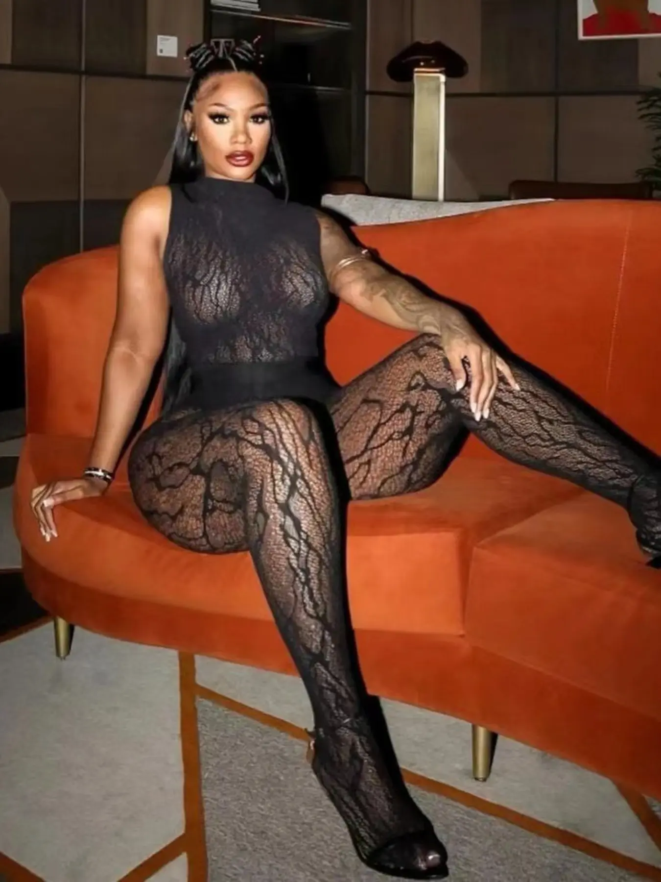 Lace Pattern Mesh Bodysuit, High Neck Sleeveless Sheer Net Gown, Women's Nightclub and Evening, Lingerie Style, Elegance