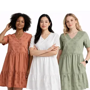 Women Summer Dresses V Neck Eyelet Tunic Dress Short Sleeve Lightweight Casual Beach Sundress Loose Fit Vacation Outfit Sizes 6 8 10 12