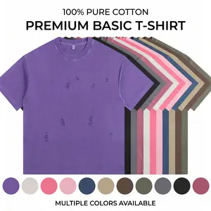 Pack of 1 men’s heavyweight pure cotton distressed short-sleeve T-shirt, washed wear effect, 260 g thick and not see-through, skin-friendly and breathable, suitable for everyday casual wear in summer.