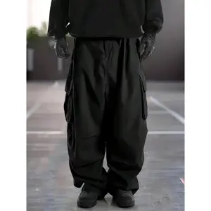 Men's Black Oversized Cargo Pants, Techwear Baggy Multi-Pocket Streetwear Trousers