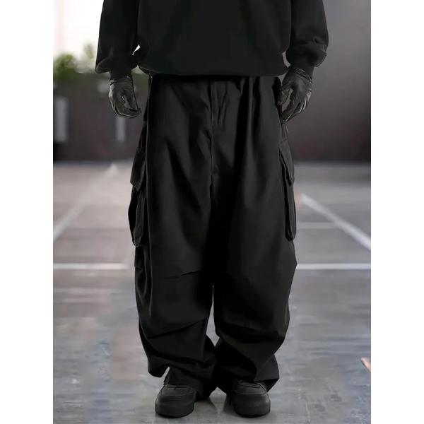 Men's Black Oversized Cargo Pants, Techwear Baggy Multi-Pocket Streetwear Trousers