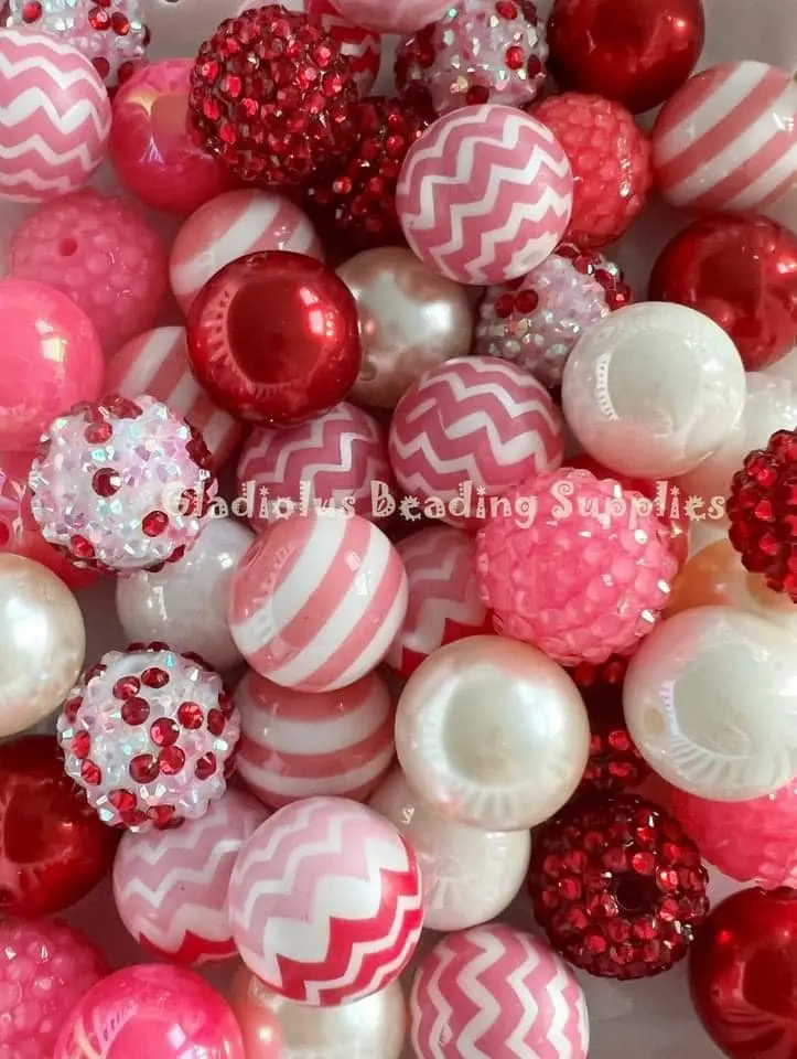 50 Qty 20mm Beads, Valentine Set Beads Craft, Valentine Season, Heart Theme, Acrylic, Chunky size, Round, Gumball, Beading Supplies