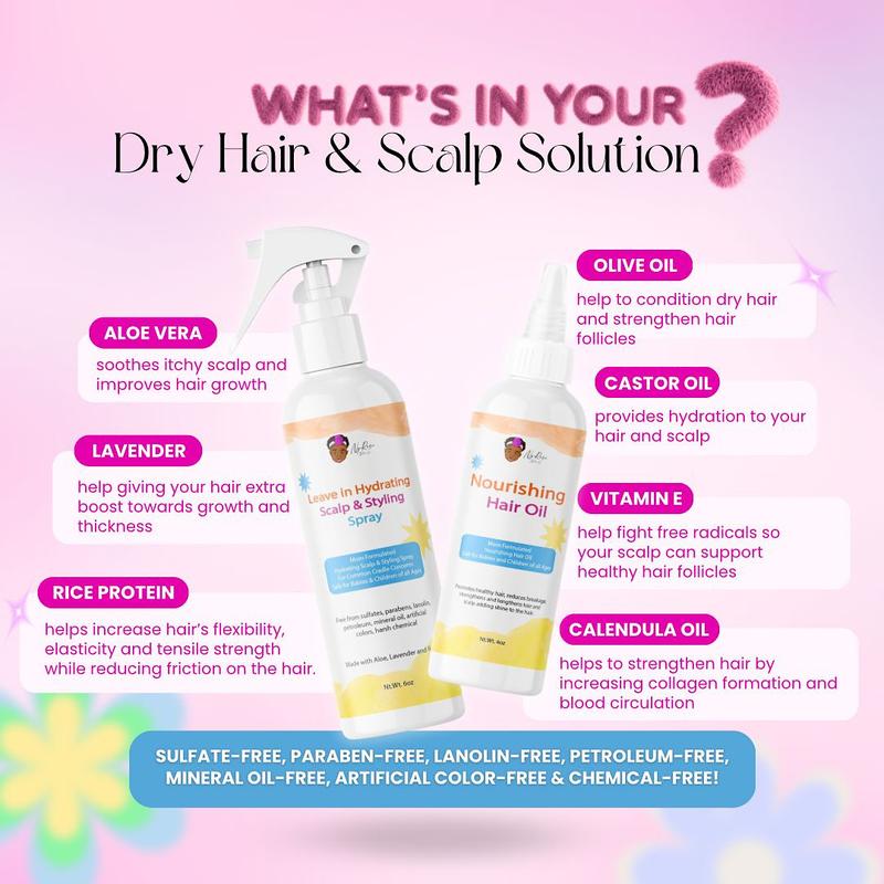 NyRose Naturals Complete Dry Hair & Scalp Solution - Natural Leave-In Hydrating Spray, Nourishing Hair Oil, & African Black Soap Bar for Cradle Cap & Post Partum Hair Loss