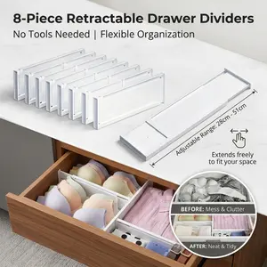 8-Piece Retractable Drawer Dividers, adjustable from 28cm to 51cm. Spring-loaded design for tool-free installation. Made of flexible plastic, ideal for organizing underwear, socks, kitchen utensils and office supplies in dressers, closets and bathroom cab