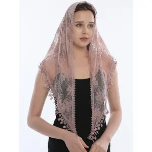 Women Lace Triangle Scarf Floral Embroidery Shawls Muslim Christian Lace Foulard Luxury  Veil Hijab Solid Color Tassels Headband