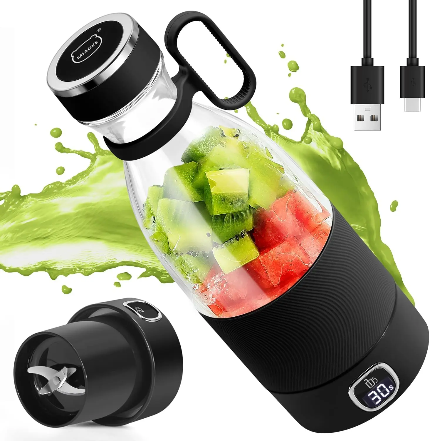 Portable Blender, 6 Blades Juicer Cup for Juice Shakes and Smoothies 350ml Mini Blender with Led Display Usb Rechargeable,3000Mah Rechargeable Battery, for Home Sports Outdoors Travel-Black
