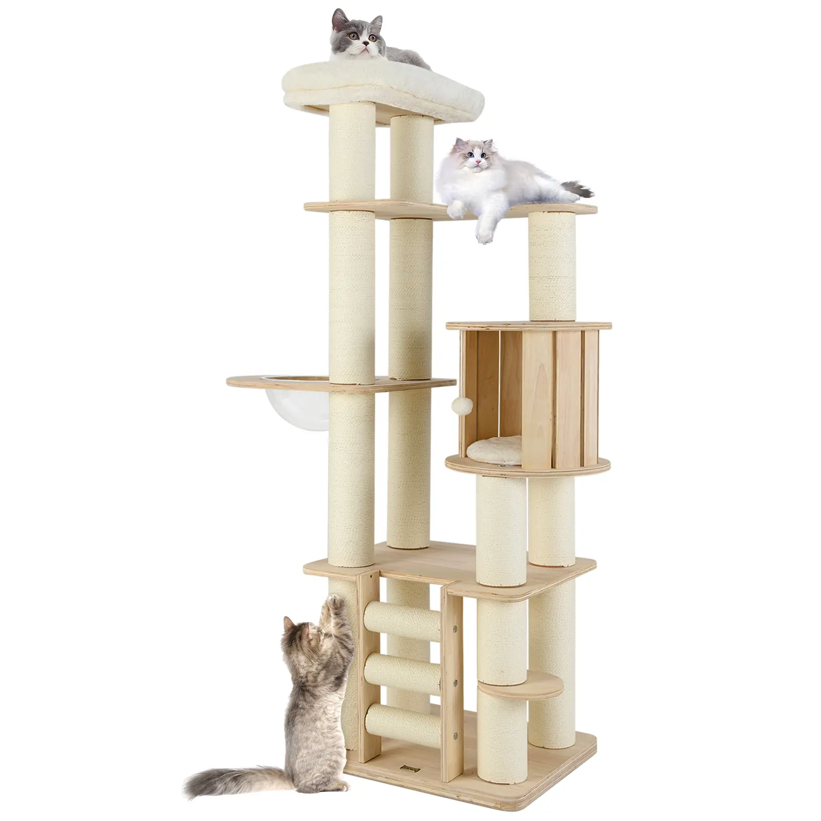 COSTWAY - 71 Inch Tall Cat Tree Wooden Cat Tower with Cozy Perch Condo Space Capsule-Natural