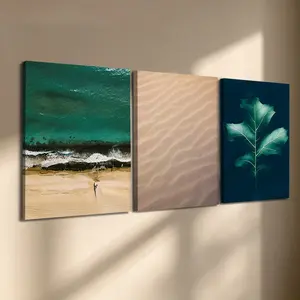 3 Pcs/Set Wooden-Framed Canvas Painting, Teal & Beige Nature Triptych Canvas Wall Art, Beach, Sand Dune & Leaf Print for Living Room, Bedroom, Office Decoration, Modern Home Decor, Fashion Artistic Ornaments, Artwork