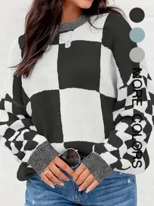 Women's Plaid Print Drop Shoulder Sweater, Casual Long Sleeve Round Neck Jumper for Fall & Winter, Fashion Ladies' Knitwear for Daily Wear