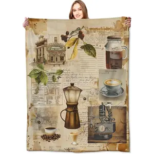Vintage Coffee Flannel Blanket Rustic Coffees Shop Throw Blankets with Espresso Machines,Cups,Beans,Birthday Gifts for Women,Lightweight Soft Fleece,for Sofa Couch Bed Room Retro Kitchen Decor Slim Soft One-Side PrintingSlim Soft One-Side Printing