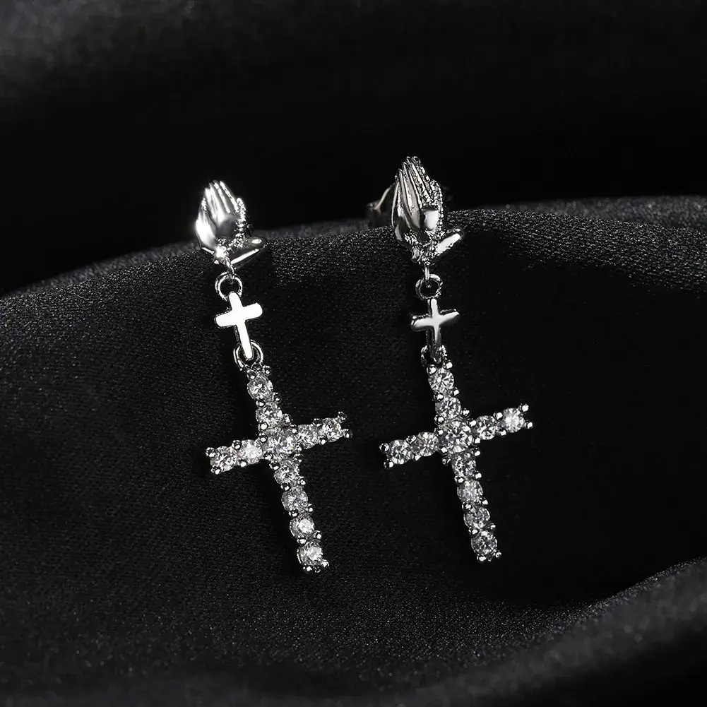 Cross Hoop Dangle Earrings Silver/Gold Plated Cubic Zirconia Cross Dangle Drop Earrings for Men Women Cross Hoop Dangle Earrings Silver/Gold Plated Cubic Zirconia Cross Dangle Drop Earrings for Men Women