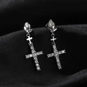 Cross Hoop Dangle Earrings Silver/Gold Plated Cubic Zirconia Cross Dangle Drop Earrings for Men Women