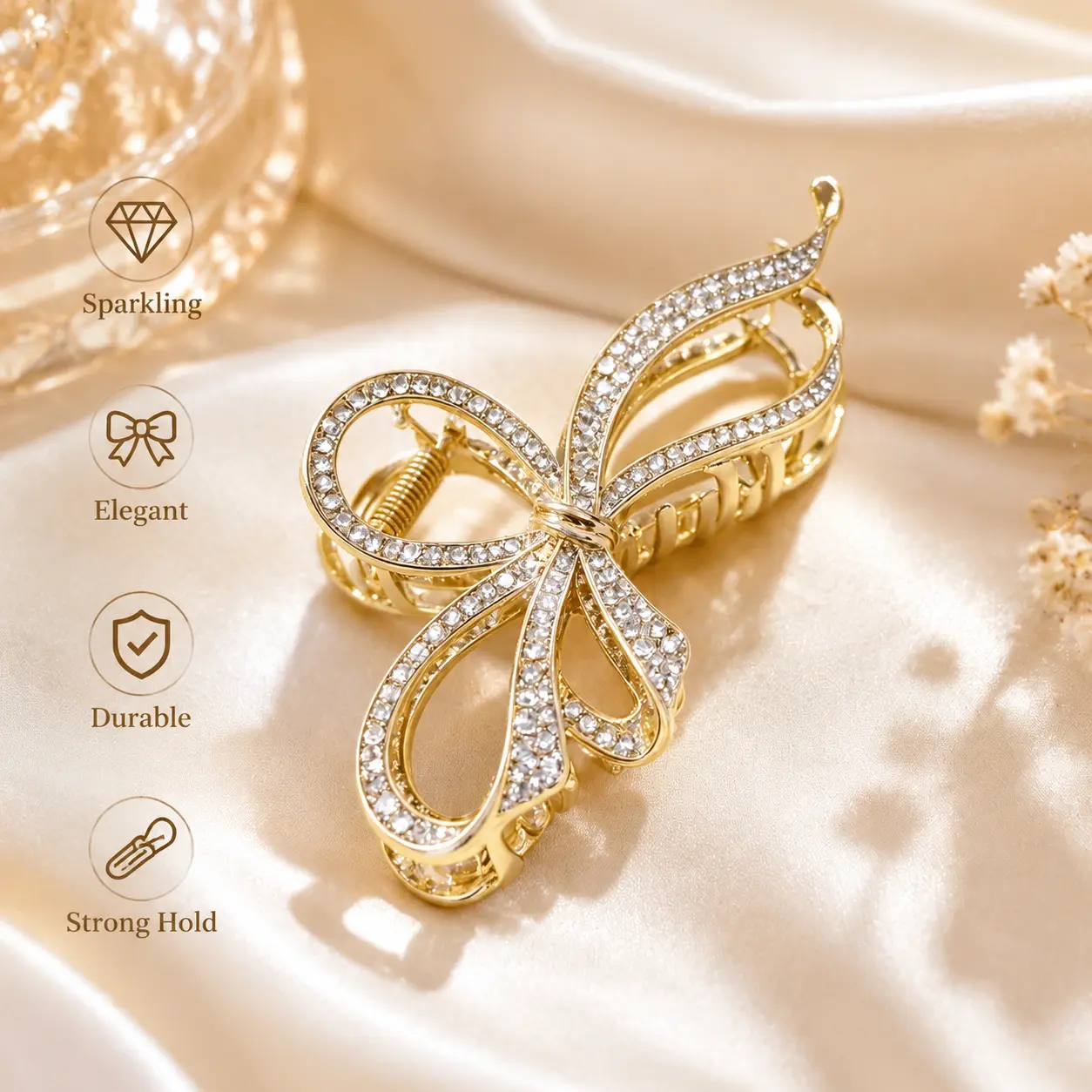 Women’s gold shark clip hair claw clip adorned with rhinestones and a bow, premium feel, elegant for back-of-head updos