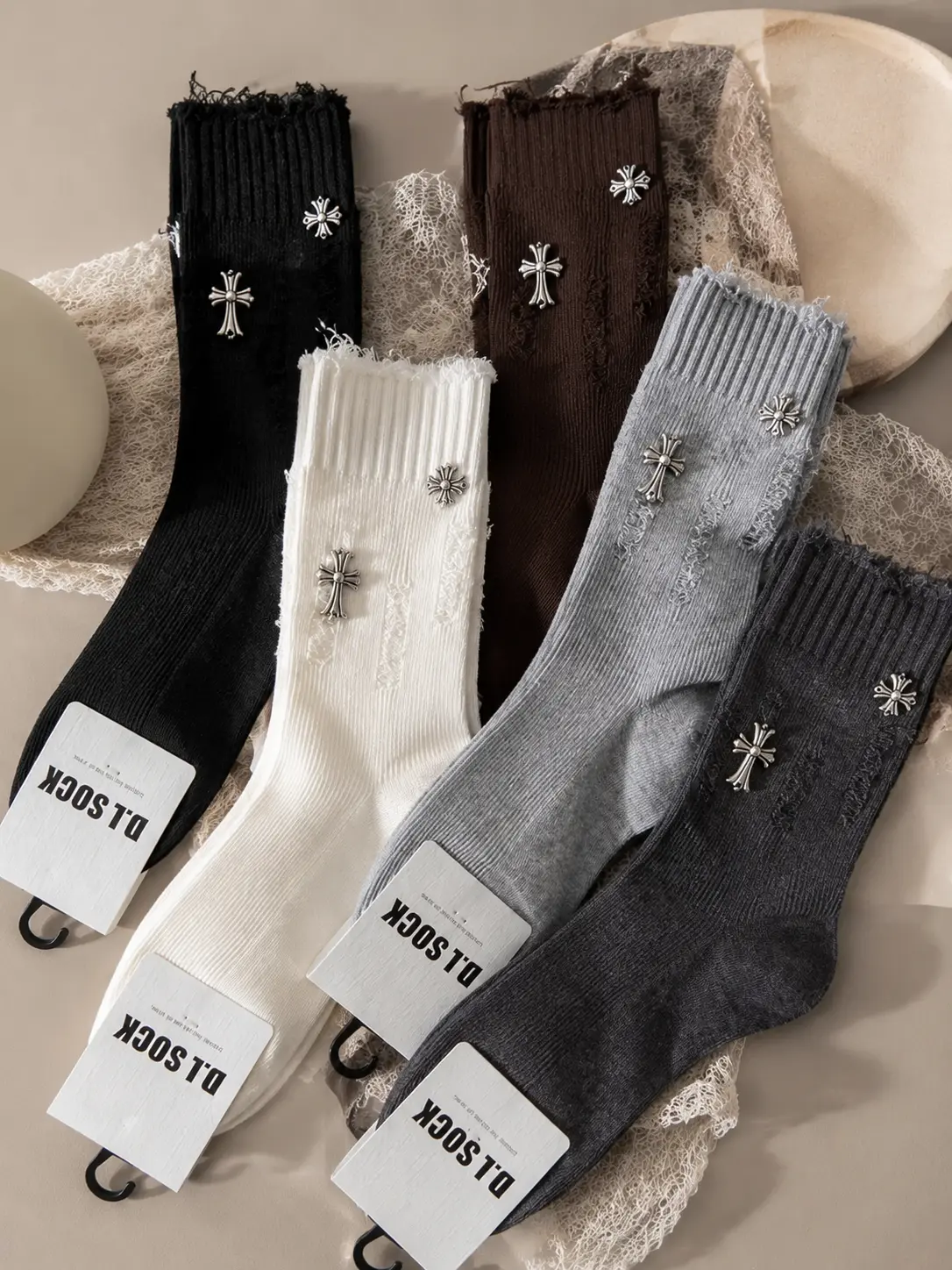 Vintage Cross Metal Decor Distressed Crew Socks, Ripped Frayed Ribbed Mid Calf Socks, Gothic Streetwear Y2K Aesthetic Socks for Men Casual Breathable