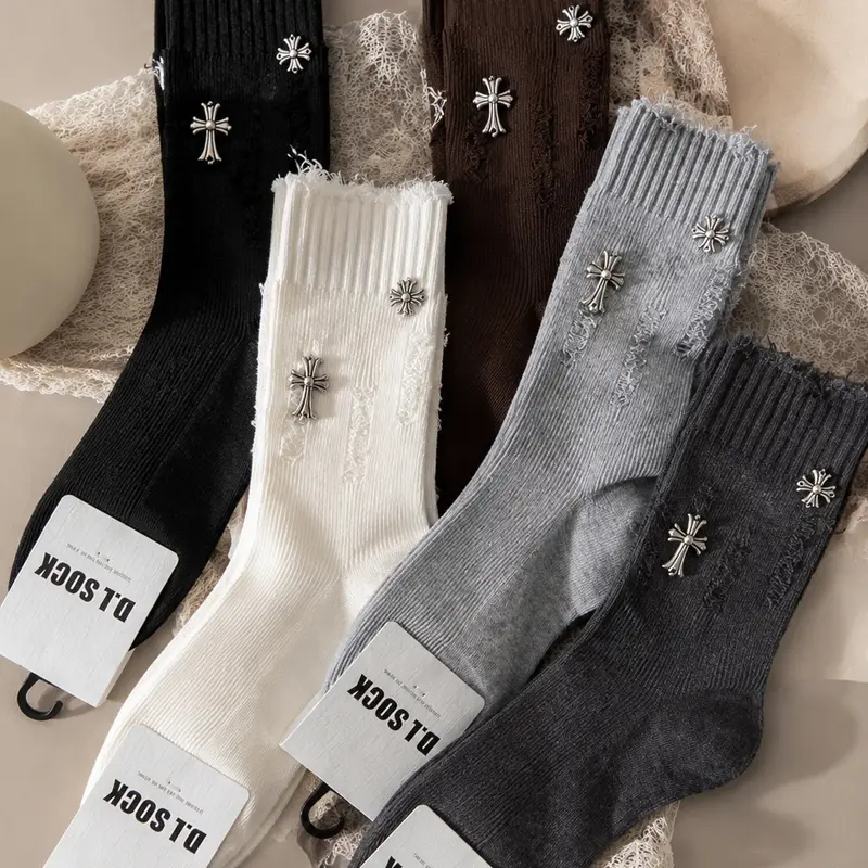 Men's Vintage Cross Metal Decor Distressed Crew Socks - Ripped Frayed Ribbed Mid-Calf, Gothic Streetwear Aesthetic, Handmade Menswear Fashion for Casual Outfits & Pants, Breathable Comfy
