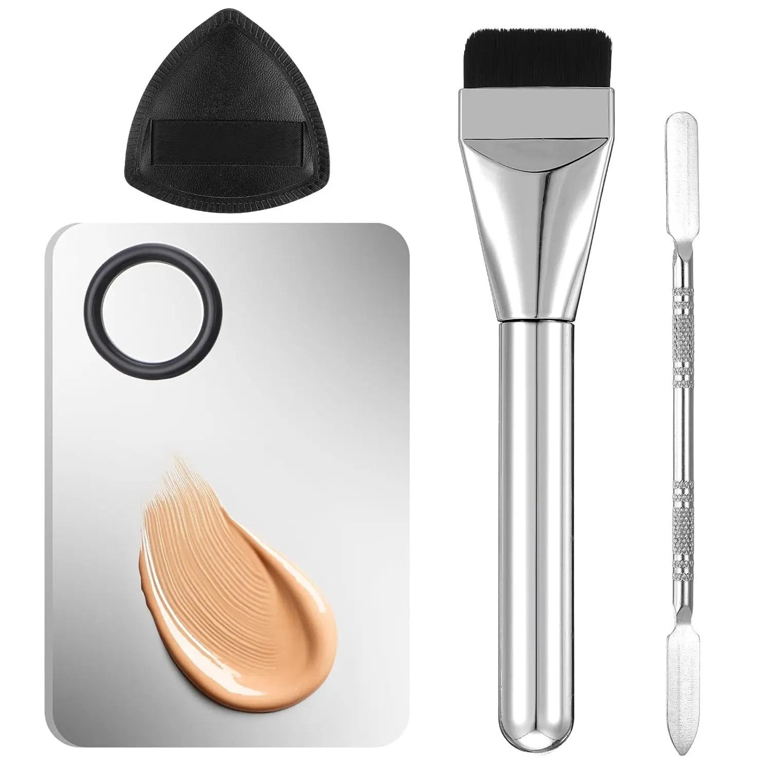 4 Piece Makeup Foundation Palette Set, Cosmetics Makeup Tools, Includes Makeup Scraper, Brushes, Palettes, Sponges, Basic Makeup Mixing Palette, Makeup Tools Gift